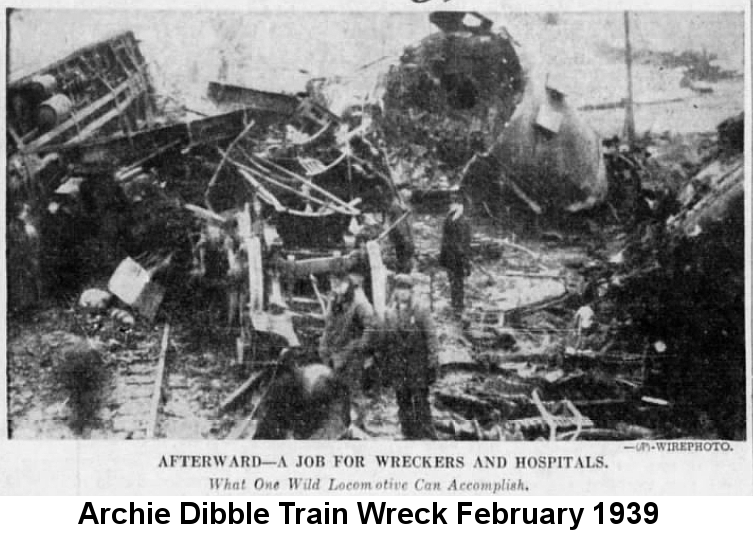 Black and white newspaper photo of twisted wreckage of two locomotives scattered across a railroad track; several men stand among the wreckage. The newspaper caption reads, 'Afterward--a job for the wreckers and hospitals. What one wild locomotive can accomplish.'
